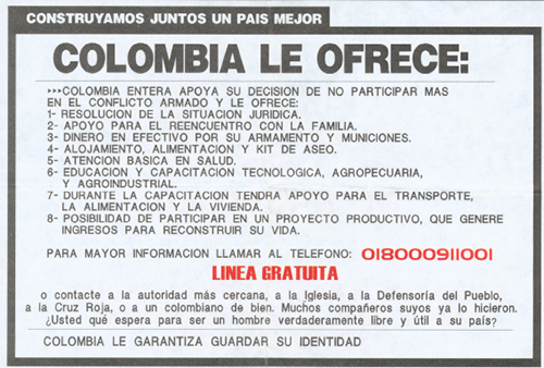 An army flyer offering enticements to would-be defectors from the illegal armed groups.