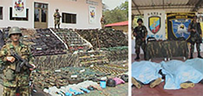 Colombian soldiers pose with captured materiel and the bodies of dead FARC fighters, 2004. Photos: Colombian Army