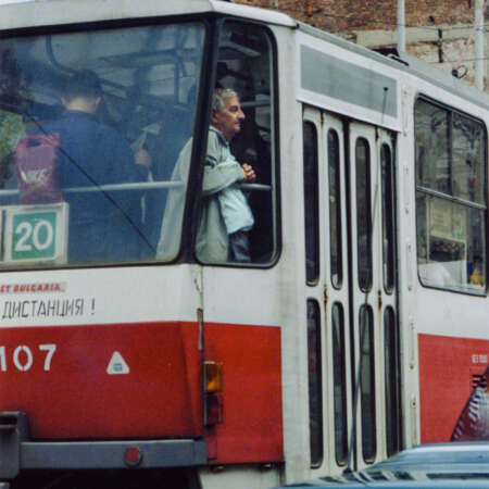 <p>A man lost in his thoughts on a tram in central Sofia.</p>