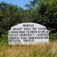 <p>A rather elaborate and oddly placed take-down of Canada's then-prime minister, Stephen Harper. </p>