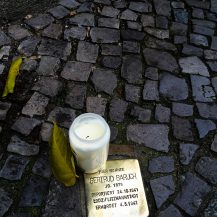 <p>A Stolperstein (stumbling stone) embedded in the pavement outside a flat in Berlin. <br /></p>
<p>Begun in the 1990s by German artist Gunter Demnig, the Stolpersteine mark the last place of residence of those persecuted by the Nazi regime and share basic details of that person's life. Over 75,000 Stolpersteine have been placed in numerous countries, and the project continues. This one reads:</p>
<p><em>Here lived Gertrud Baruch.<br />Born in 1876.<br />Deported 24 Oct 1941 to Łódź / Litzmannstadt. <br />Murdered 4 May 1942.</em><br /> </p>