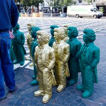 <p>A gang of miniature Beethovens wait to be placed in formation by a worker. Part of Bonn's commemoration of the 250th anniversary of its famous son's birth, the Beethoven statues were later put up for 'adoption'. I like mine very much. </p>