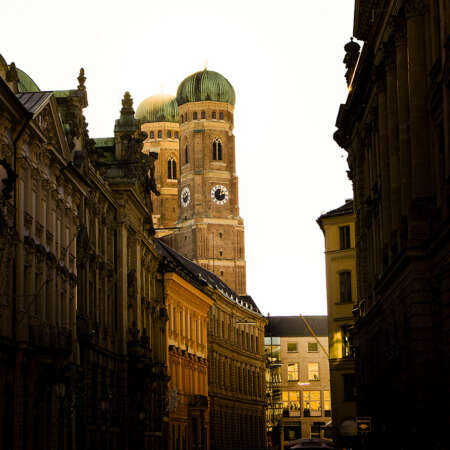 <p>Looking down a street toward Munich's Frauenkirche.</p>