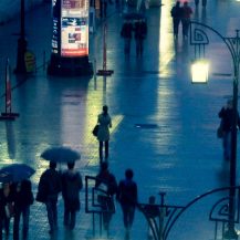 <p>Rain softens the look of Kamergerskiy Pereulok, a small pedestrian street in central Moscow.</p>