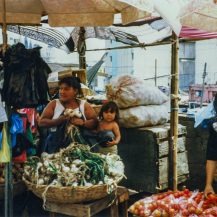 <p>Vegetable sellers set out their produce at the central market while a youngster waits to play. </p>