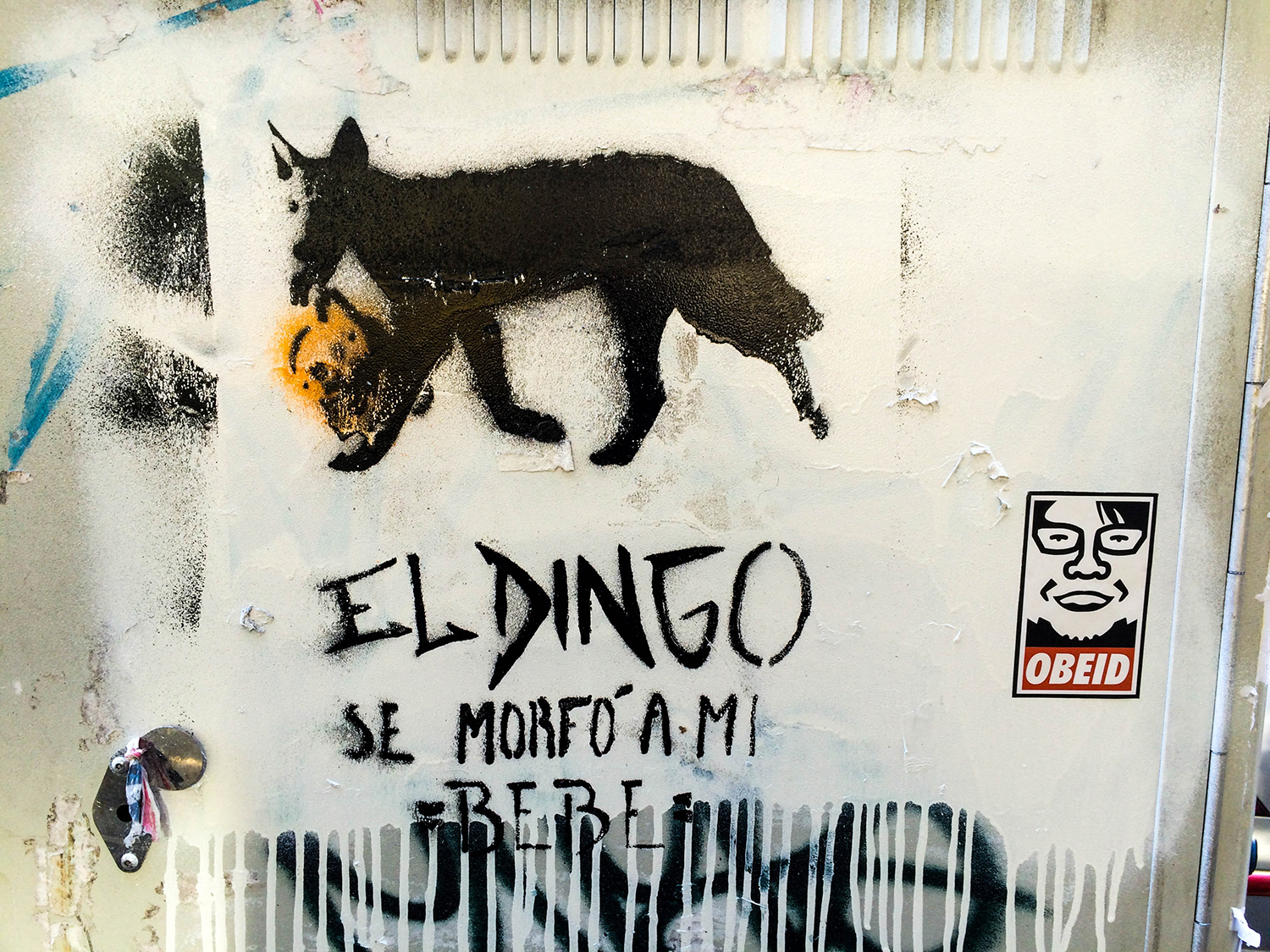 <p>In Buenos Aires, a stencil proclaims 'The dingo ate my baby' beside a sticker of a local variant of Shepard Fairey's 'Obey' giant. That is, an Australian mother's cry of despair from a real-life case in 1980, channeled by Meryl Streep in a 1988 US film and amplified to absurdity in 1990s TV series from <em>Seinfeld</em> to <em>The Simpsons</em>, appears alongside a sticker riffing on a US street artist's work (itself a rendering of Andre the Giant, a deceased pro wrestler, paired with a line from a 1988 John Carpenter film, <em>They Live</em>) while invoking the arcane Spanish verb form barely used outside Iberia or churches – and they somehow come together on an electric box in Argentina's capital in 2015. It sort of makes sense. Or not. No idea.</p>