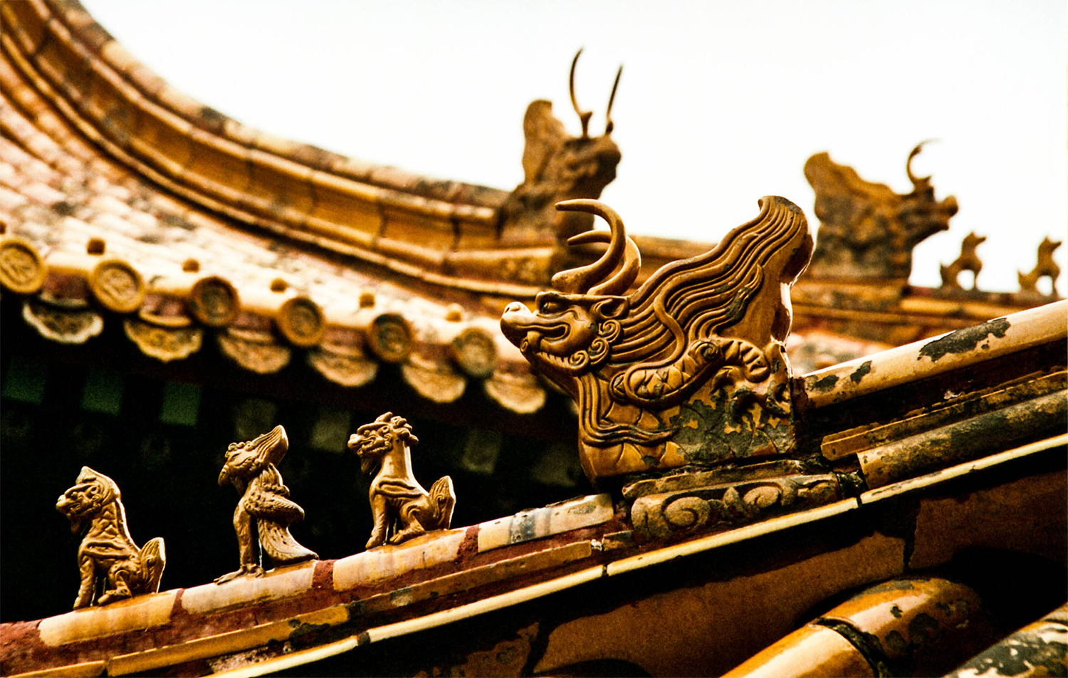 <p>Imperial Chinese architecture frequently featured porcelain figures arranged in rows atop the gabled roofs. The large dragon is said to represent imperial power, driving away a menagerie of evil spirits. These were shot in the Forbidden City.</p>