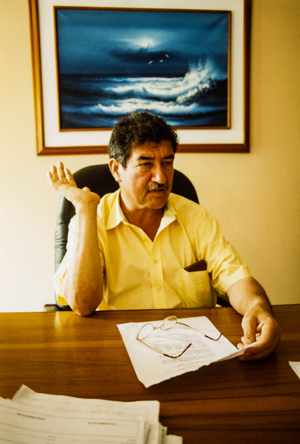 <p>Jorge Bernal was mayor of the rural town of Tame in 2003, when my colleague Garry Leech and I interviewed him about the war engulfing his region. Here he shrugs off a fax from the FARC guerrillas denouncing him as a 'narcoparamilitary'.<br /></p>