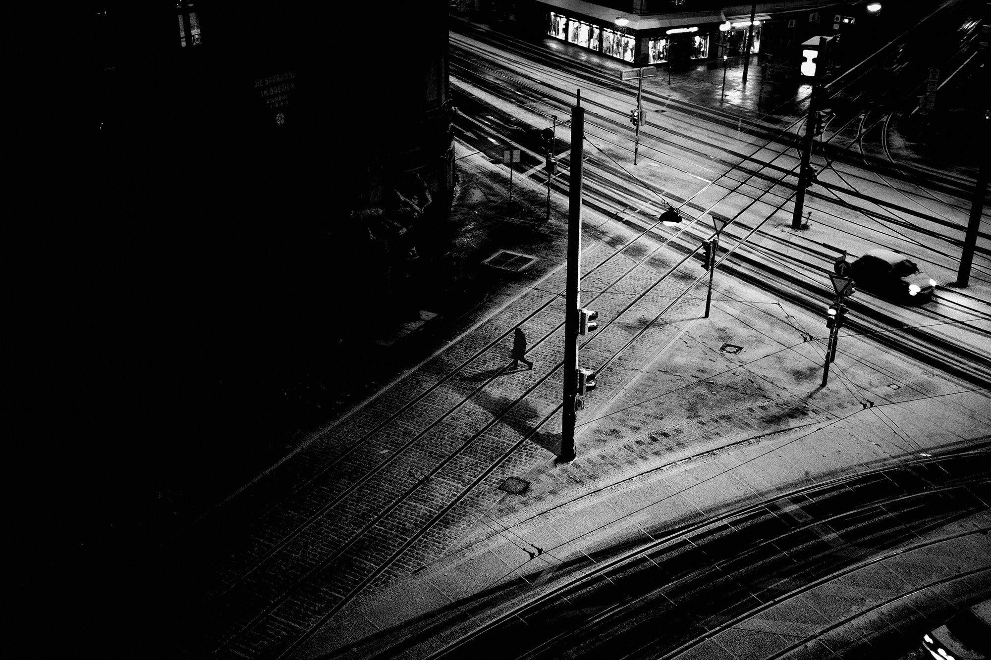 <p>A solitary figure headed somewhere on a cold night.</p>