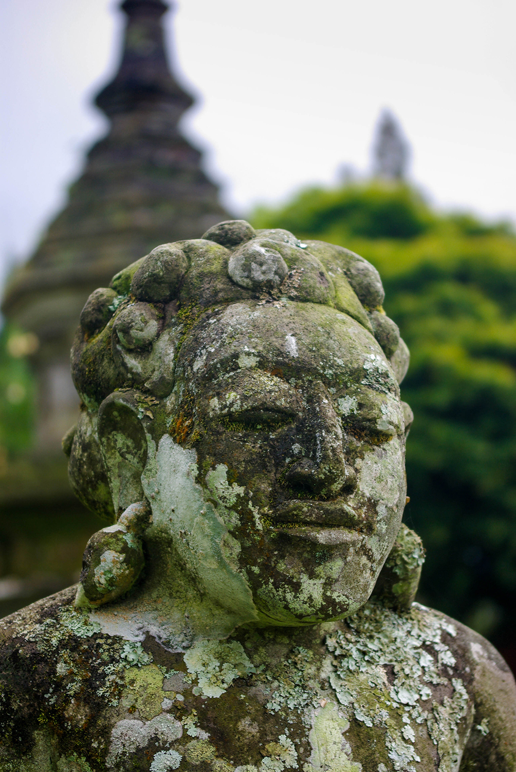 <p>Lichen slowly covering a stone statue at the Pura Ulun Danu Beratan, a major temple on Bali.</p>