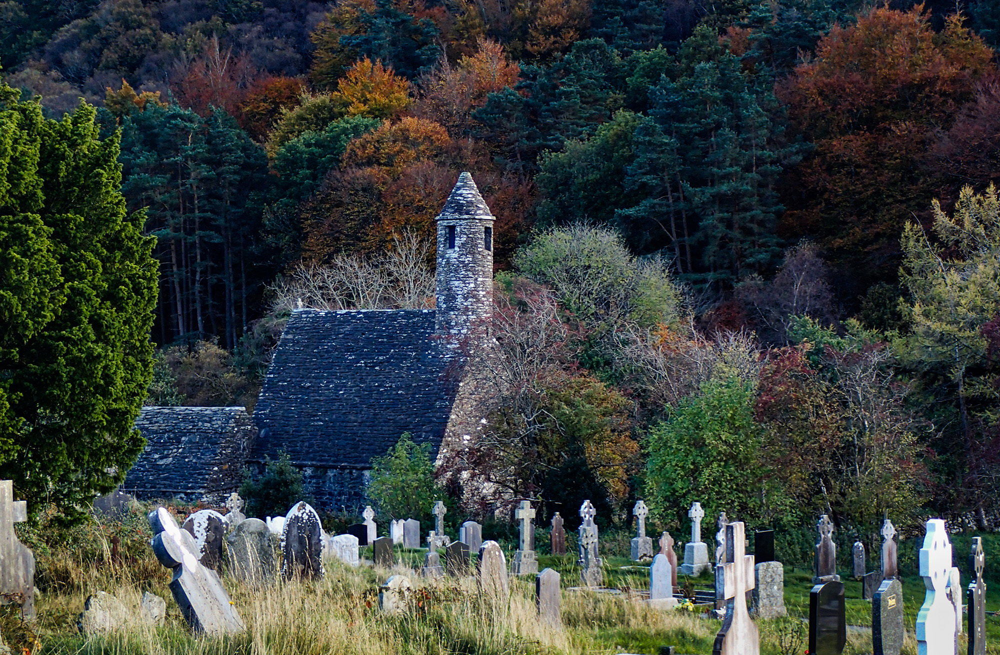 <p>A view of St. Kevin's Church at the monastic centre of Glendalough. The church dates from the 12th Century.</p>