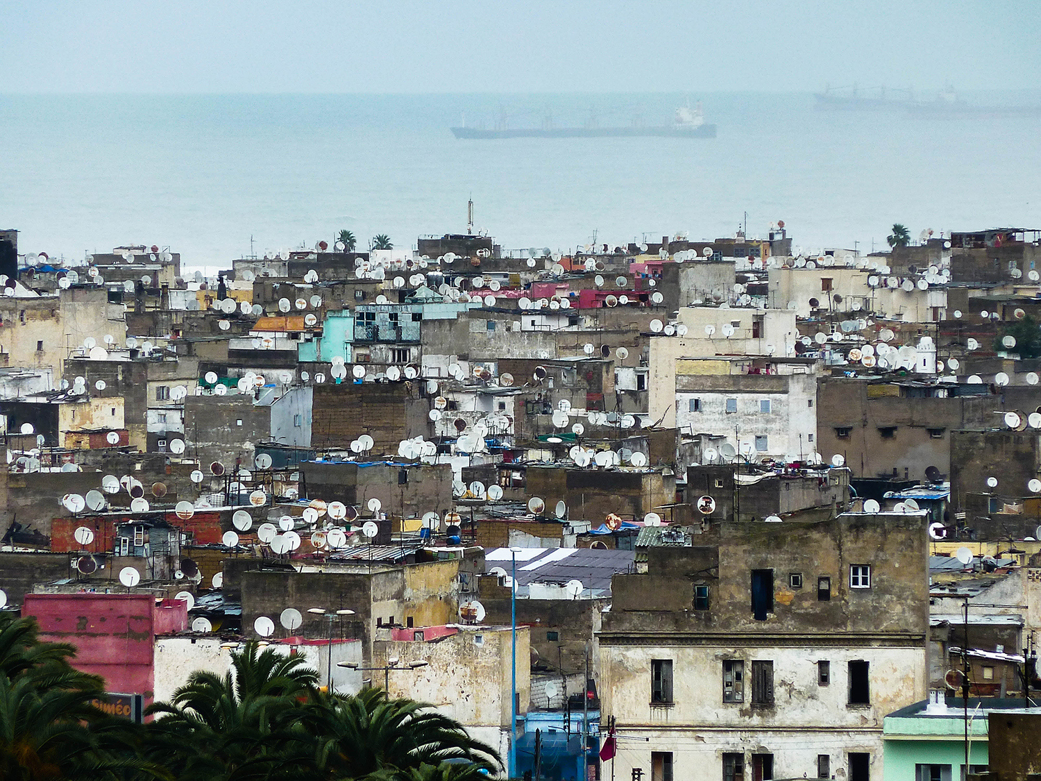 <p>A view out to sea over the rooftops of Casablanca. The preponderance of satellite dishes is striking.<br /></p>
