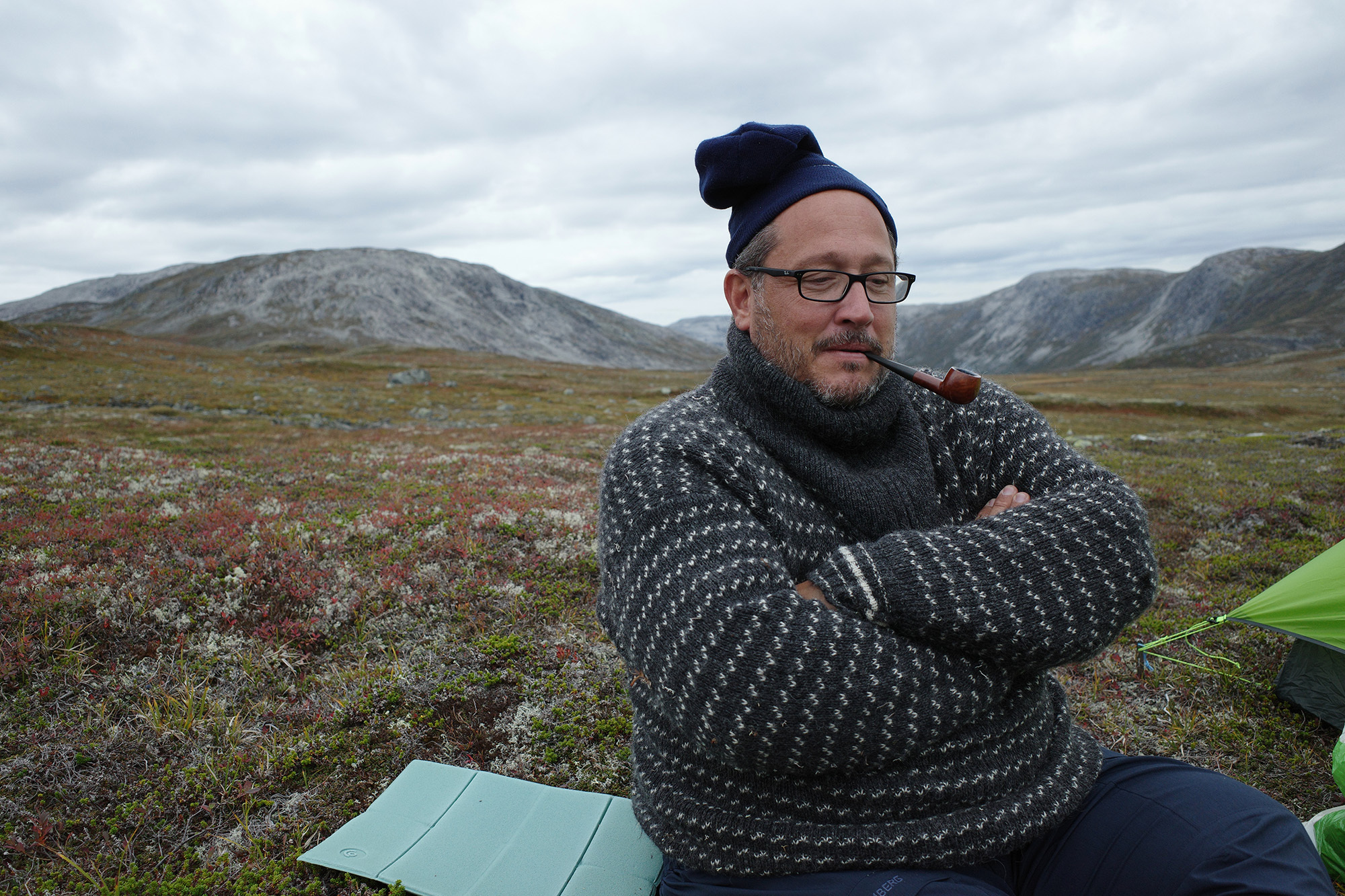 <p>Portrait of Dave at campsite after a day's hike.</p>