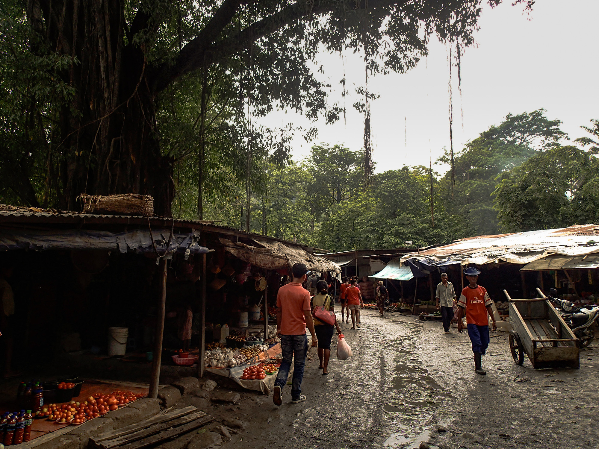 <p>Shoppers at a sprawling market in Dili, shortly after a rainstorm.</p>